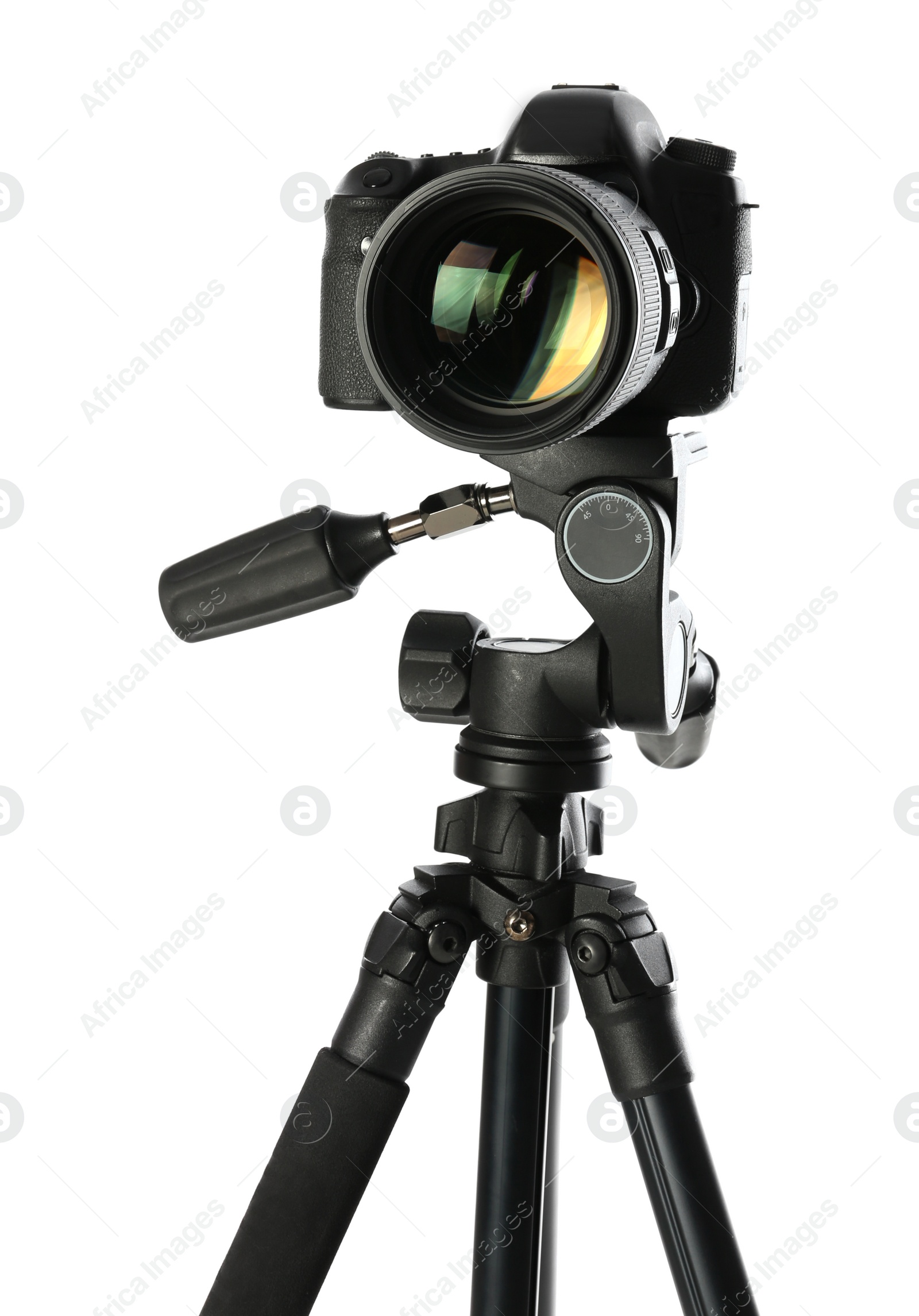 Photo of Modern tripod with camera isolated on white