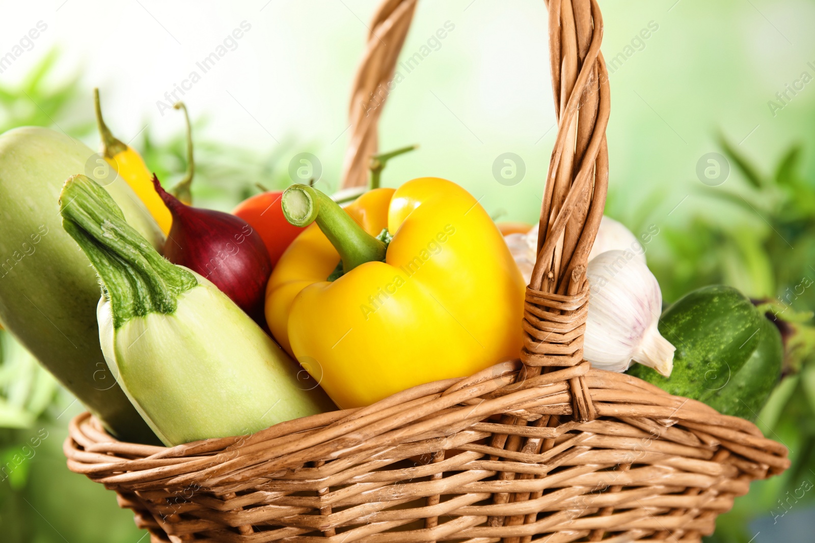 Photo of Many fresh ripe vegetables in wicker basket, closeup