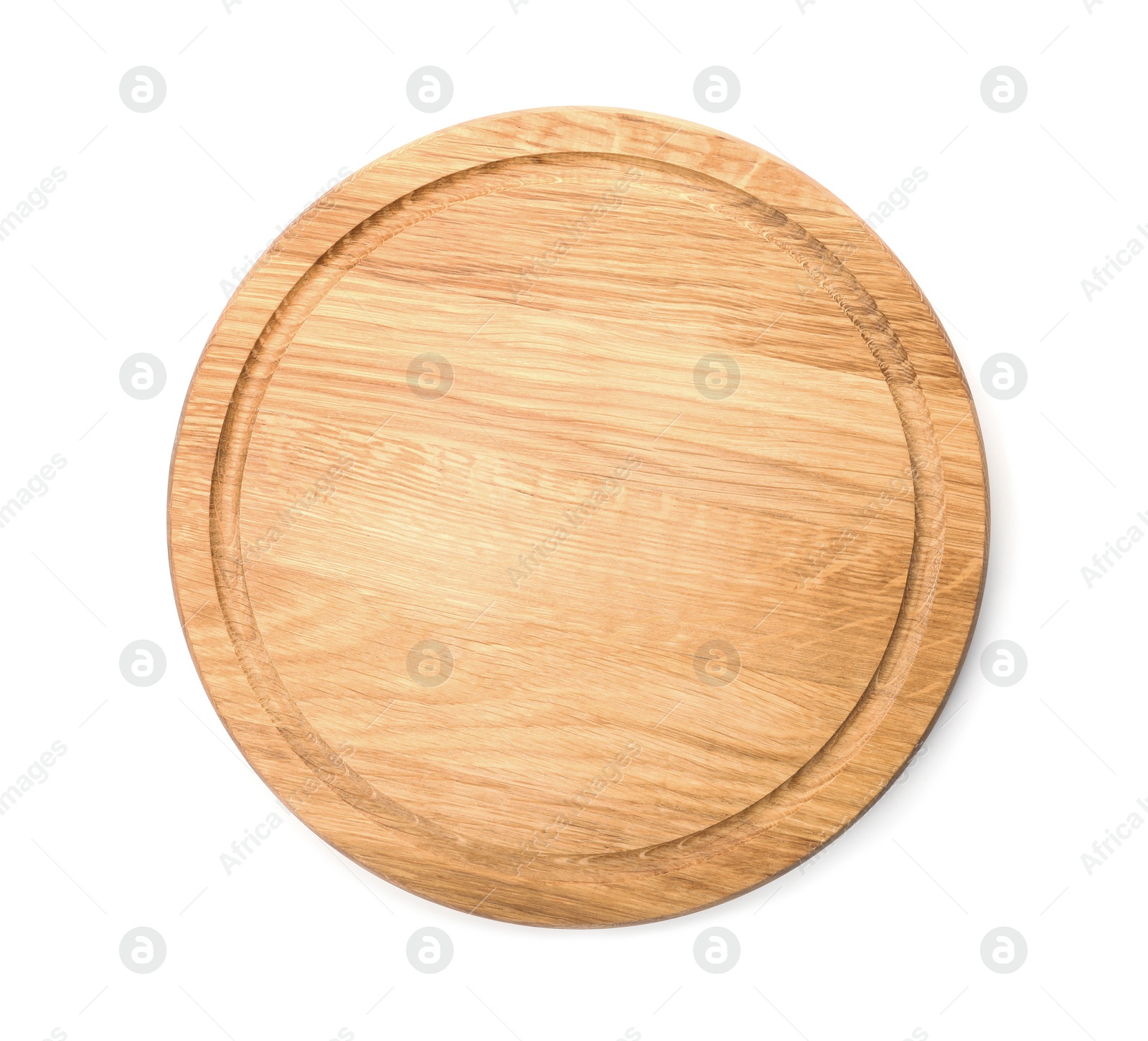 Photo of New wooden board isolated on white, top view. Cooking utensil