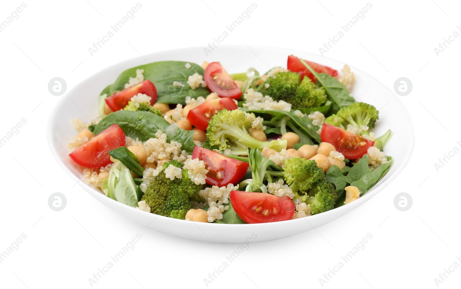 Photo of Healthy meal. Tasty salad with quinoa, chickpeas and vegetables isolated on white