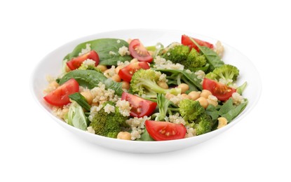 Photo of Healthy meal. Tasty salad with quinoa, chickpeas and vegetables isolated on white