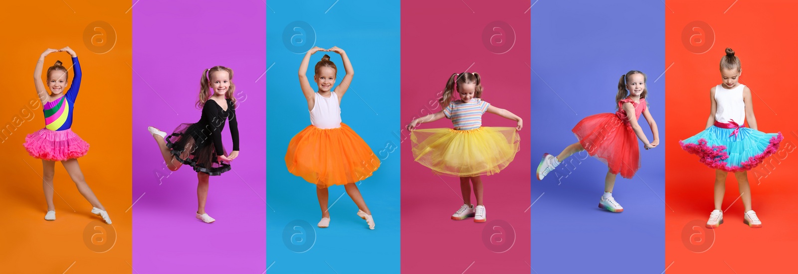 Image of Cute little girls dancing on different colors backgrounds, collection of photos