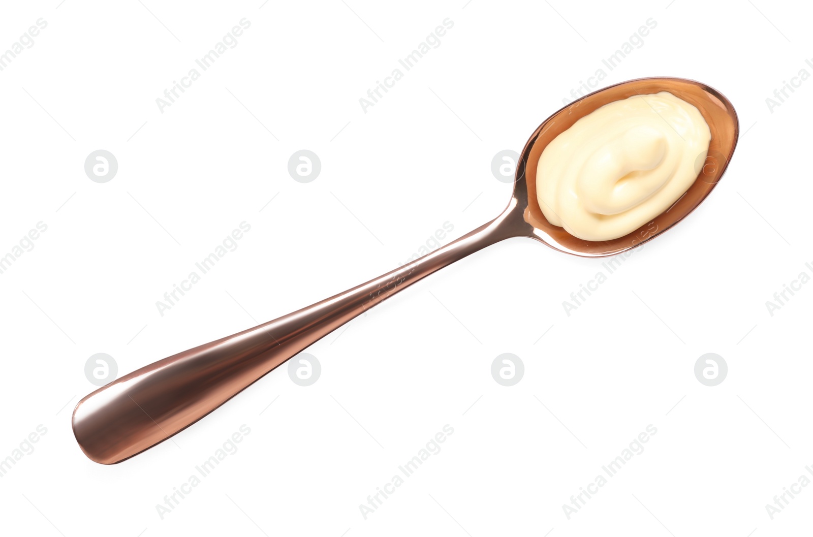 Photo of Spoon with tasty mayonnaise isolated on white, top view