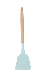 Photo of Turner with wooden handle isolated on white. Kitchen utensil