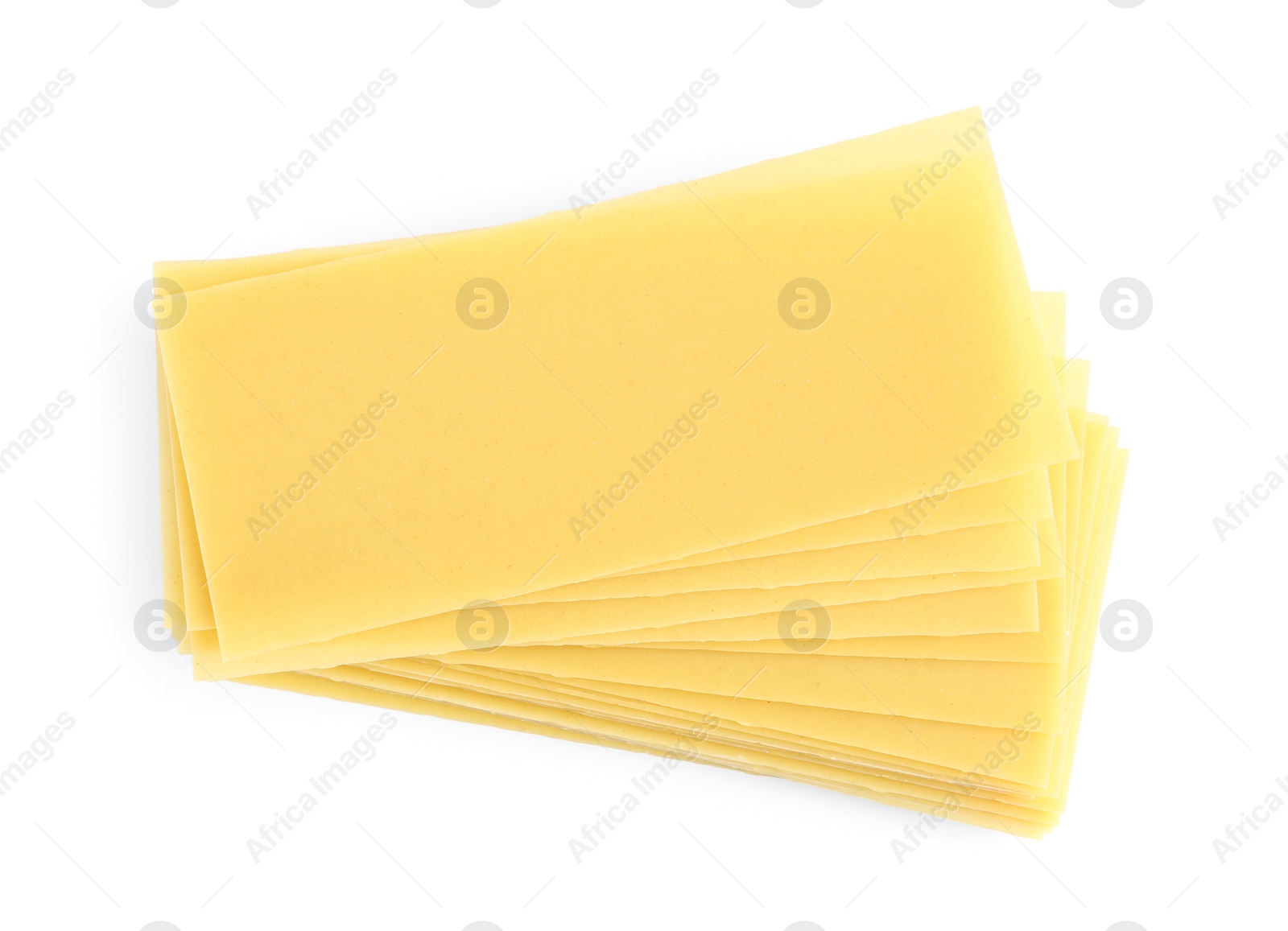 Photo of Stack of uncooked lasagna sheets isolated on white, top view