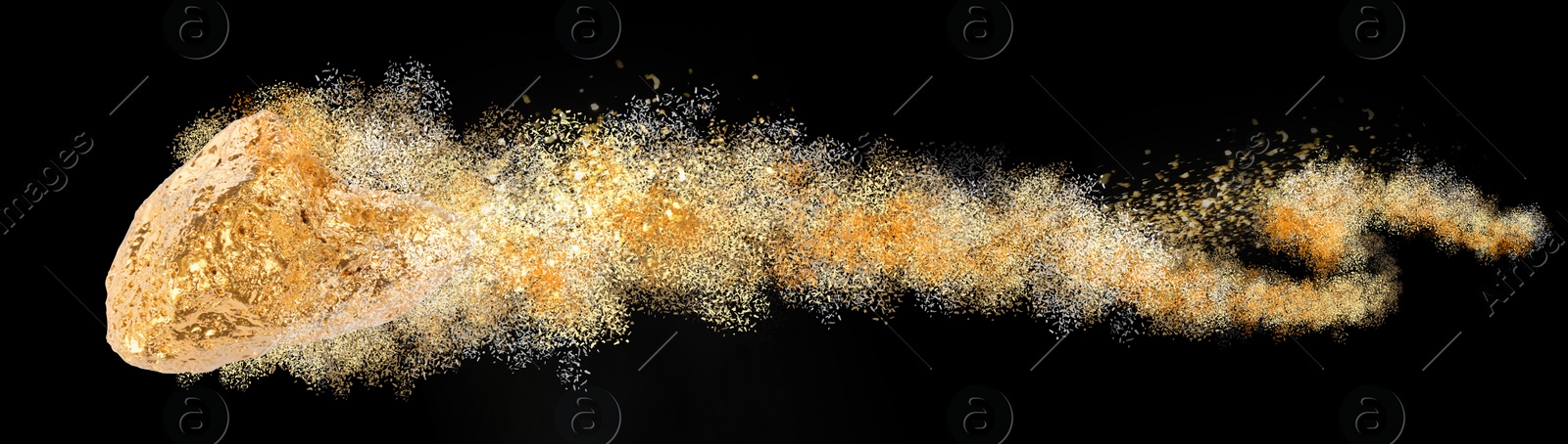 Image of Gold nugget and shiny glitter as comet on black background. Banner design