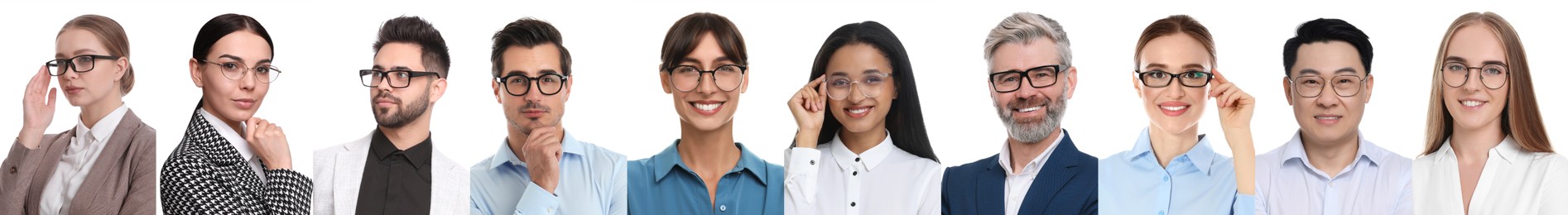 Image of Many people in glasses on white background, collection of photos