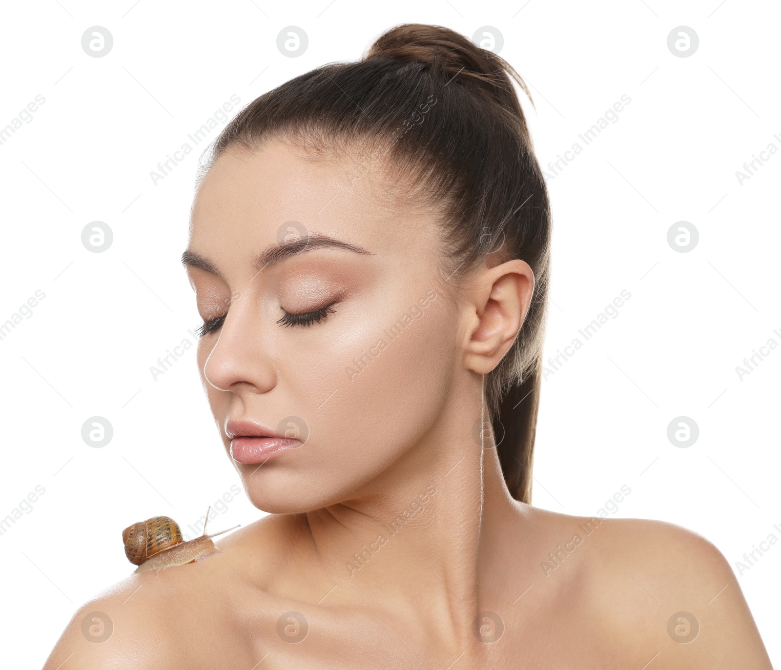 Photo of Beautiful young woman with snail on her shoulder against white background