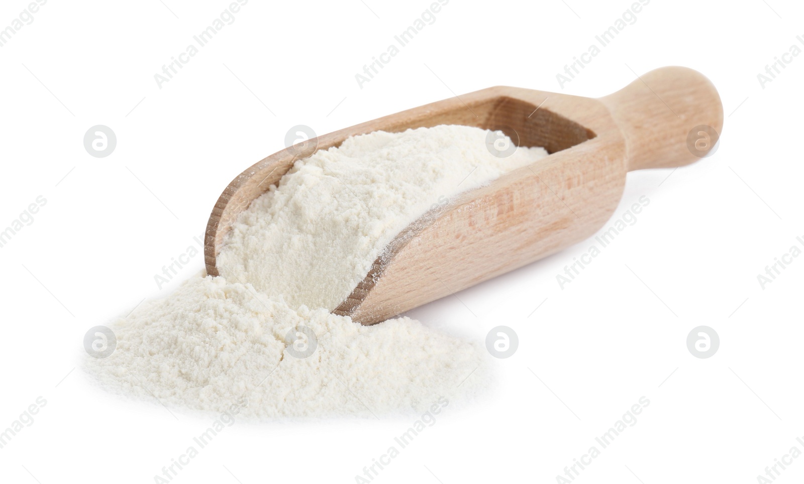 Photo of Baking powder and scoop isolated on white