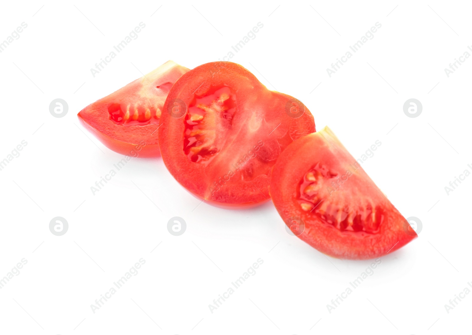 Photo of Cut red tomato on white background