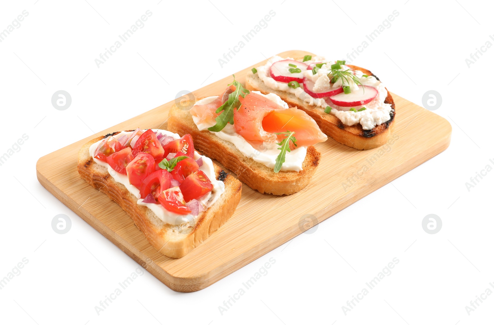 Photo of Board with different tasty bruschettas on white background