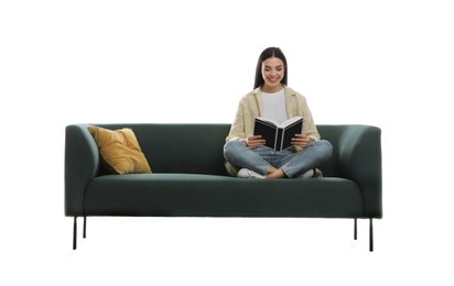 Photo of Young woman reading book on comfortable green sofa against white background