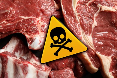 Image of Skull and crossbones sign on raw meat, top view. Be careful - toxic