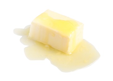 Photo of Piece of melting butter on white background