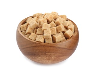 Photo of Wooden bowl with brown sugar cubes isolated on white