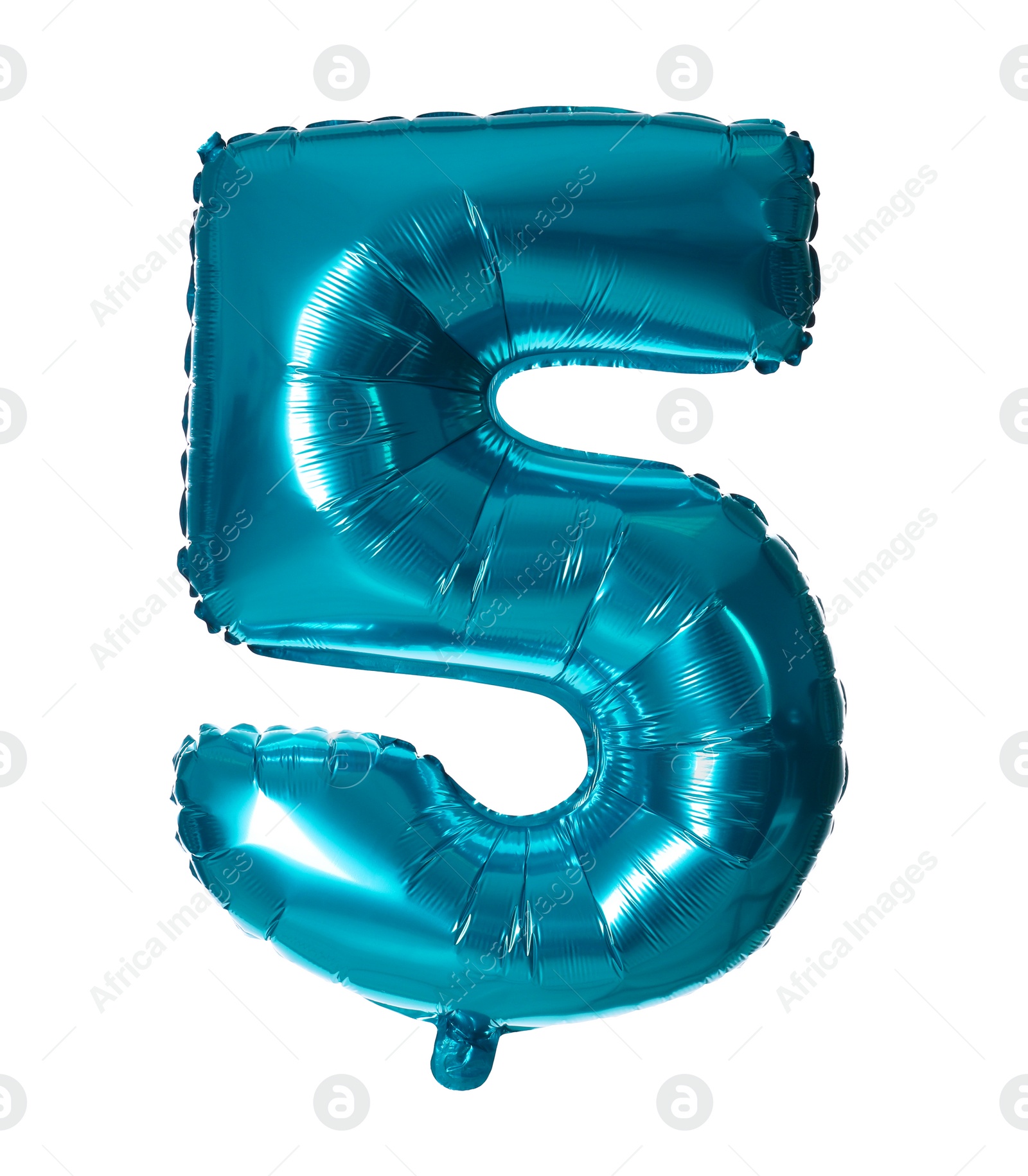 Photo of Blue number five balloon on white background