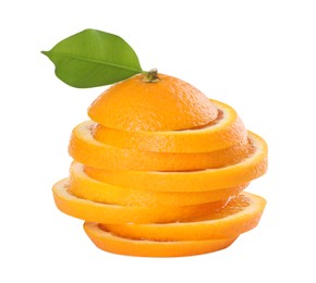 Photo of Slices of juicy orange and leaf isolated on white