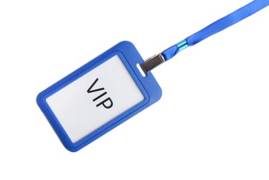 Blue vip badge isolated on white, top view