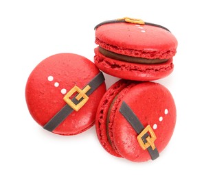 Photo of Beautifully decorated Christmas macarons on white background, top view