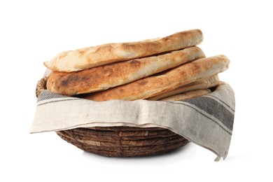 Photo of Wicker bowl with delicious fresh pita bread on white background