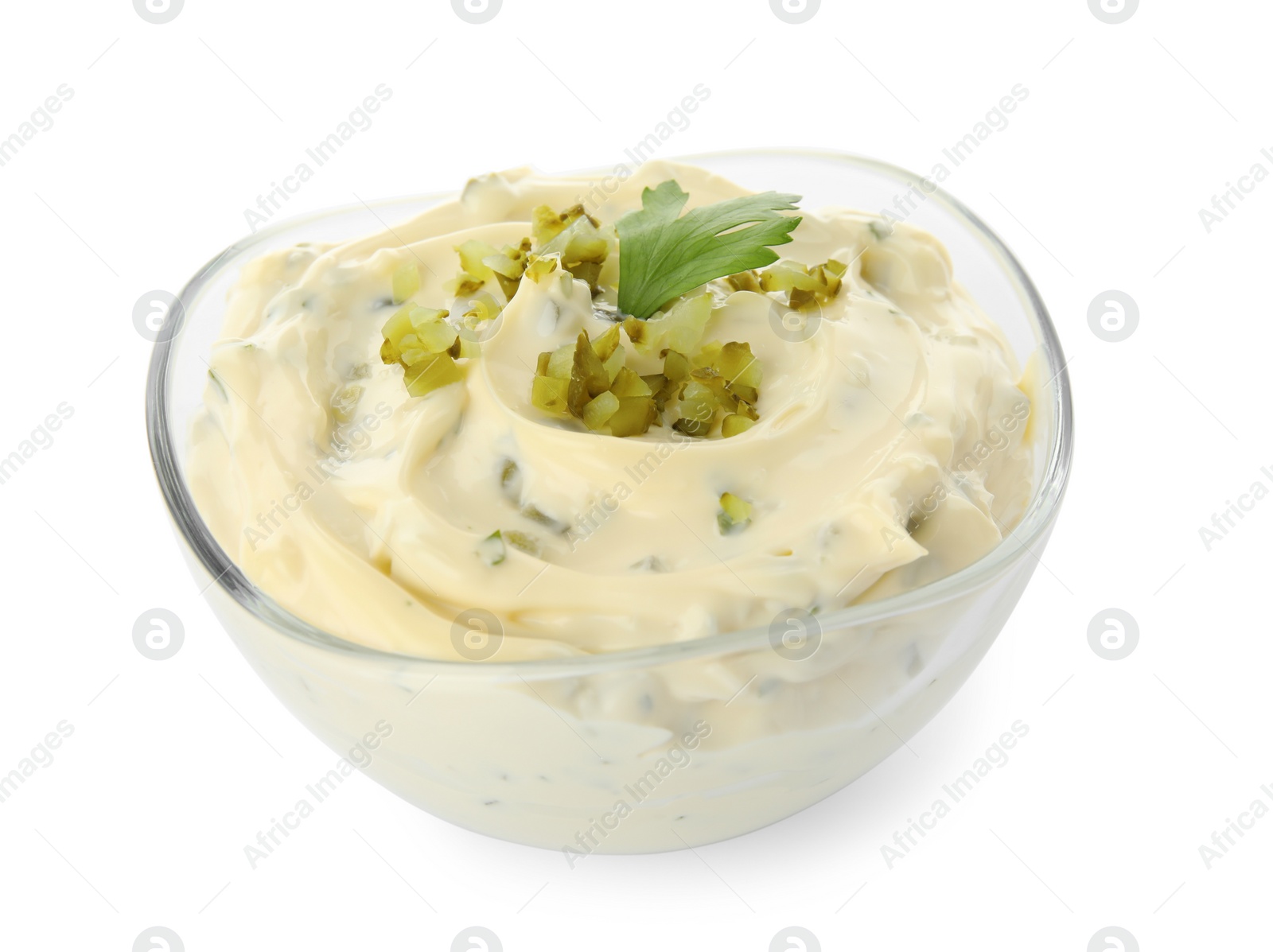 Photo of Tartar sauce in glass bowl isolated on white