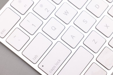 Photo of Internet shopping. Computer keyboard on grey background, top view