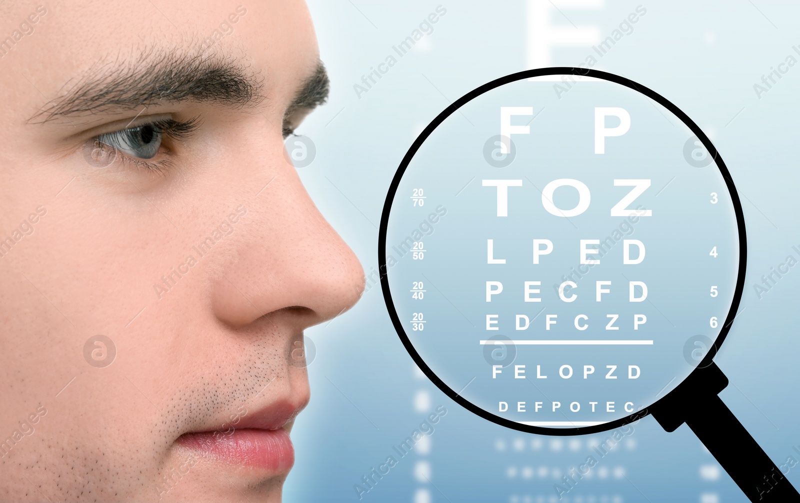 Image of Vision test. Man and eye chart on blue background, view through magnifying glass