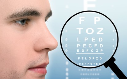 Vision test. Man and eye chart on blue background, view through magnifying glass