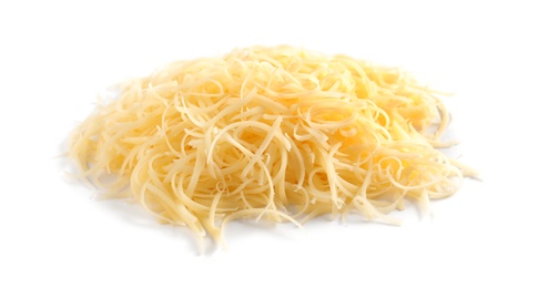 Photo of Heap of grated delicious cheese on white background