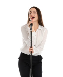 Photo of Young stylish woman singing in microphone on white background