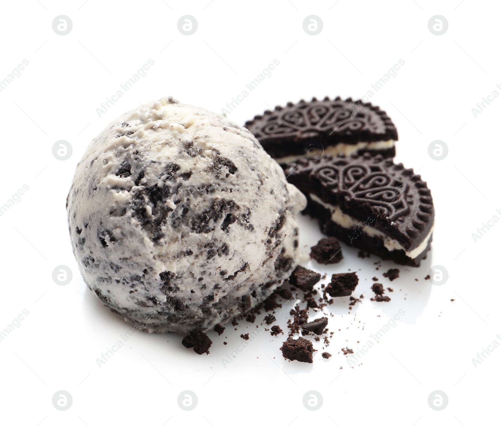 Photo of Delicious ball of ice cream with chocolate cookie on white background
