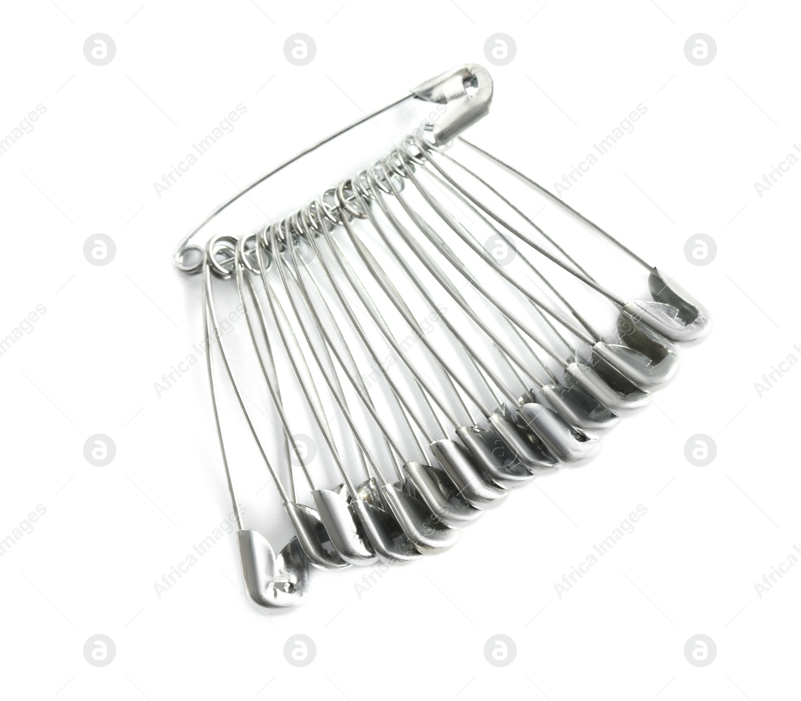 Photo of Colorful safety pins on white background, top view