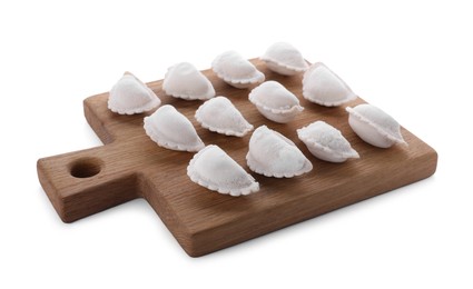 Photo of Raw delicious dumplings (varenyky) on white background