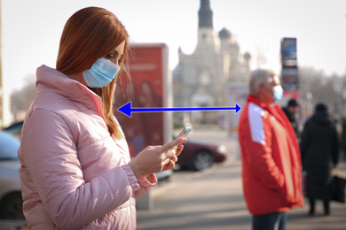 Image of People wearing medical masks outdoors. Social distancing during coronavirus outbreak
