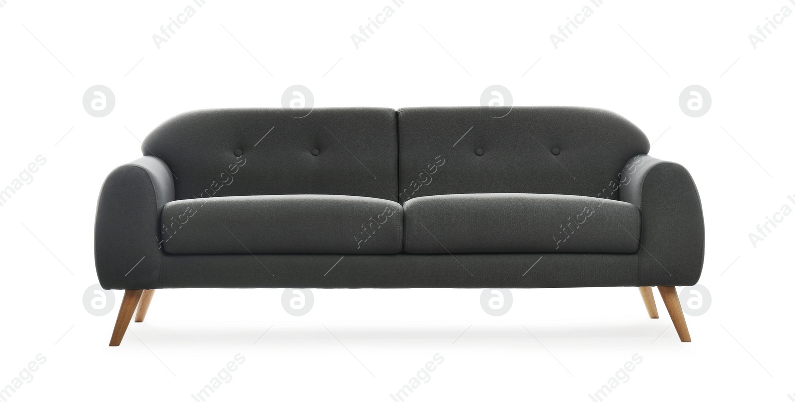 Photo of Stylish comfortable grey sofa isolated on white. Furniture for living room interior