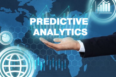 Image of Concept of predictive analytics. Businessman, world map and virtual icons on color background, closeup