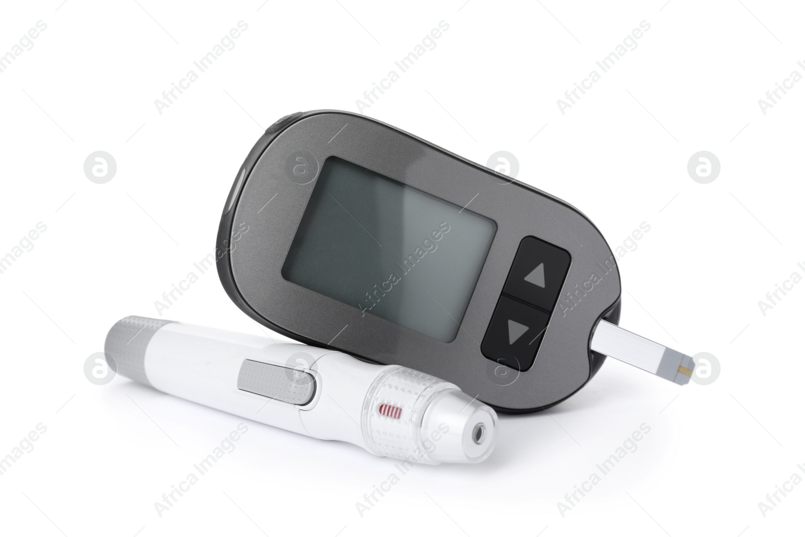 Photo of Digital glucometer and lancet pen on white background