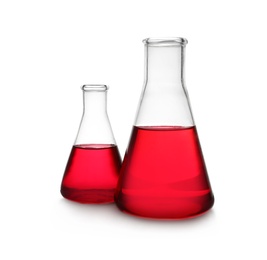 Conical flasks with red liquid on white background. Laboratory glassware