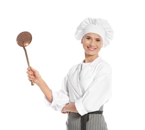 Female chef holding skimmer on white background