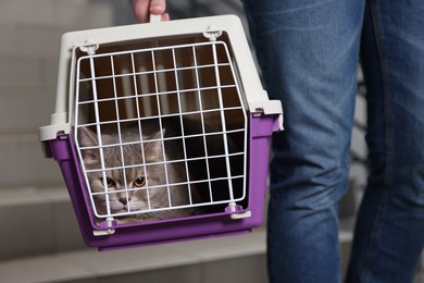 Travel with pet. Man holding carrier with cute cat and bag indoors, closeup