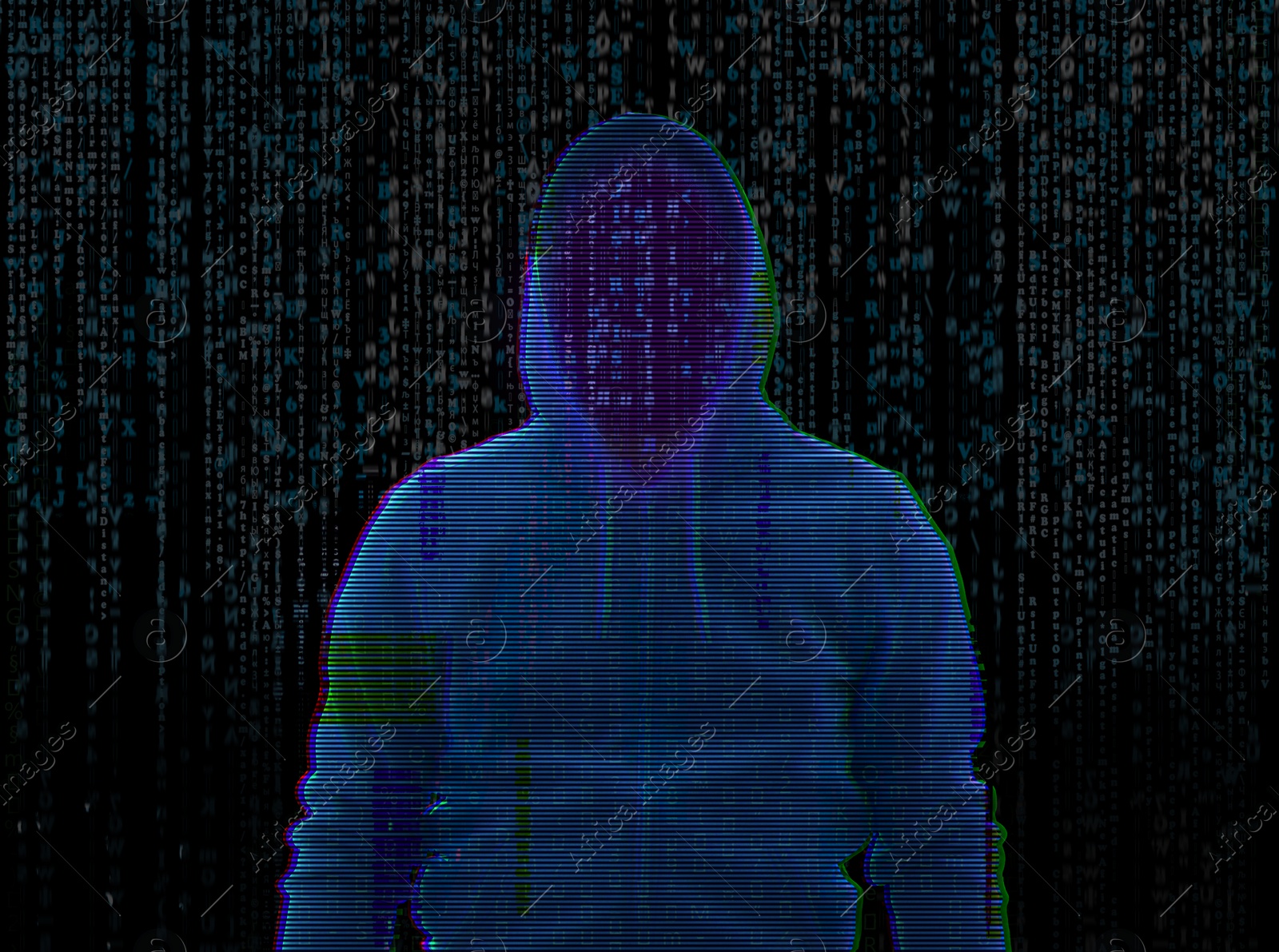 Image of Silhouette of anonymous hacker and digital binary code on dark background. Cyber attack concept