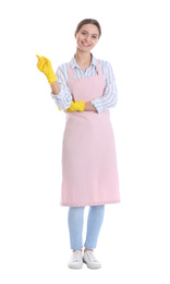 Young chambermaid wearing gloves on white background