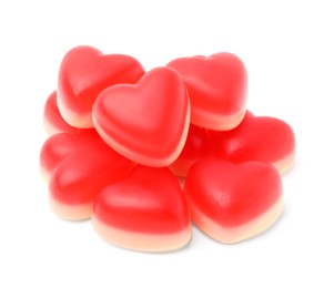 Photo of Pile of heart shaped jelly candies on white background