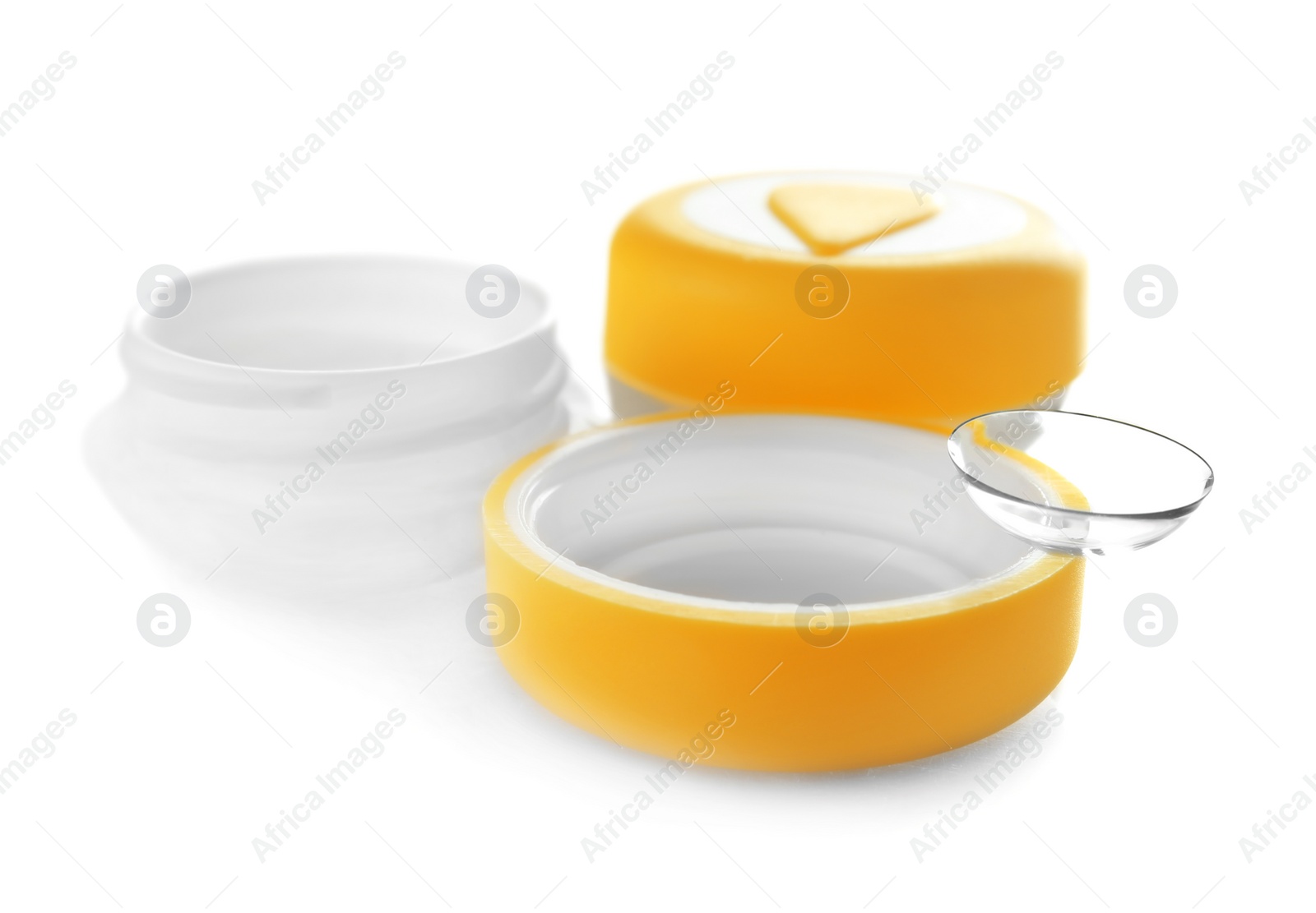 Photo of Container with contact lenses on white background
