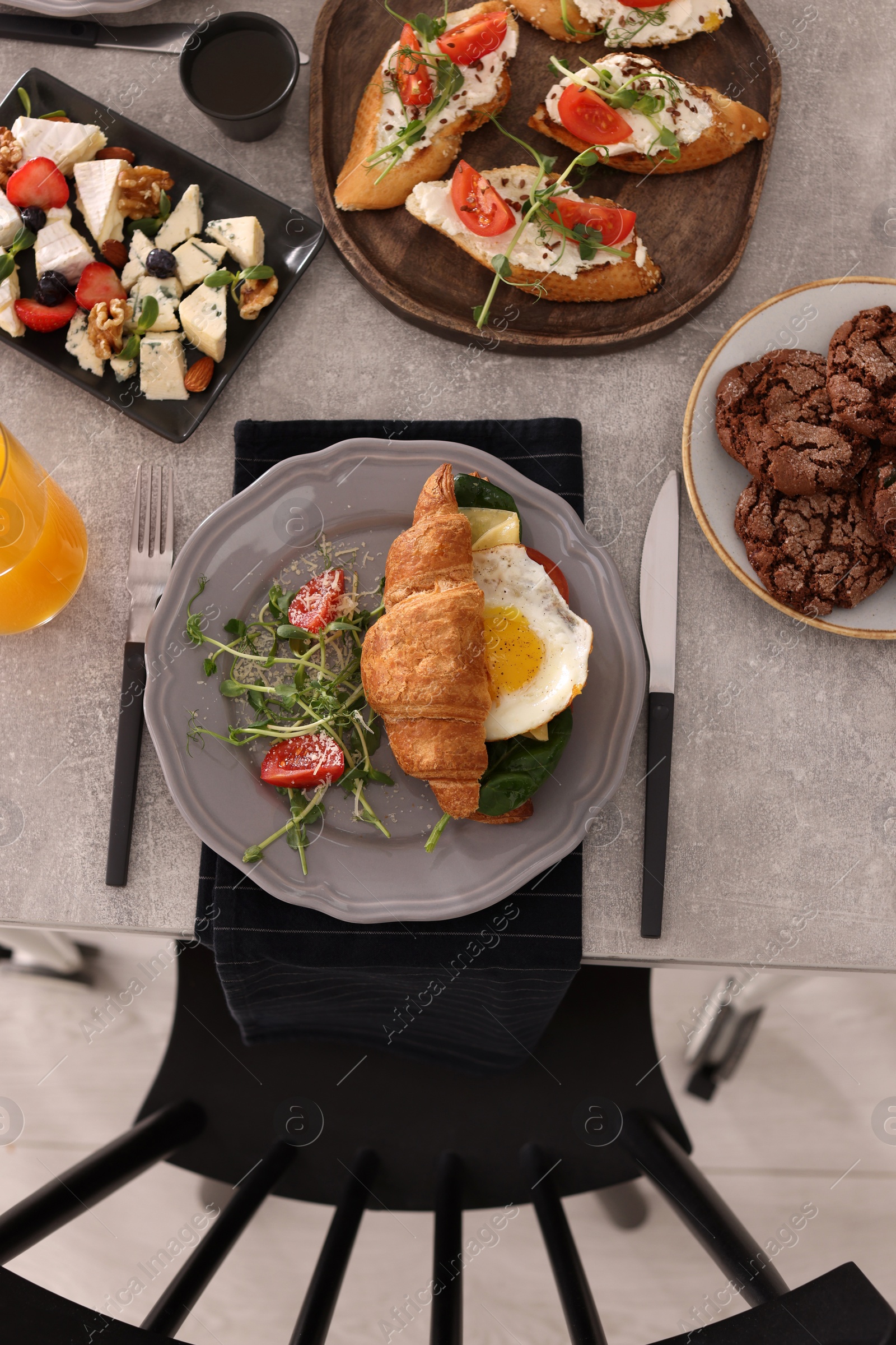 Photo of Many different dishes served on buffet table for brunch, flat lay