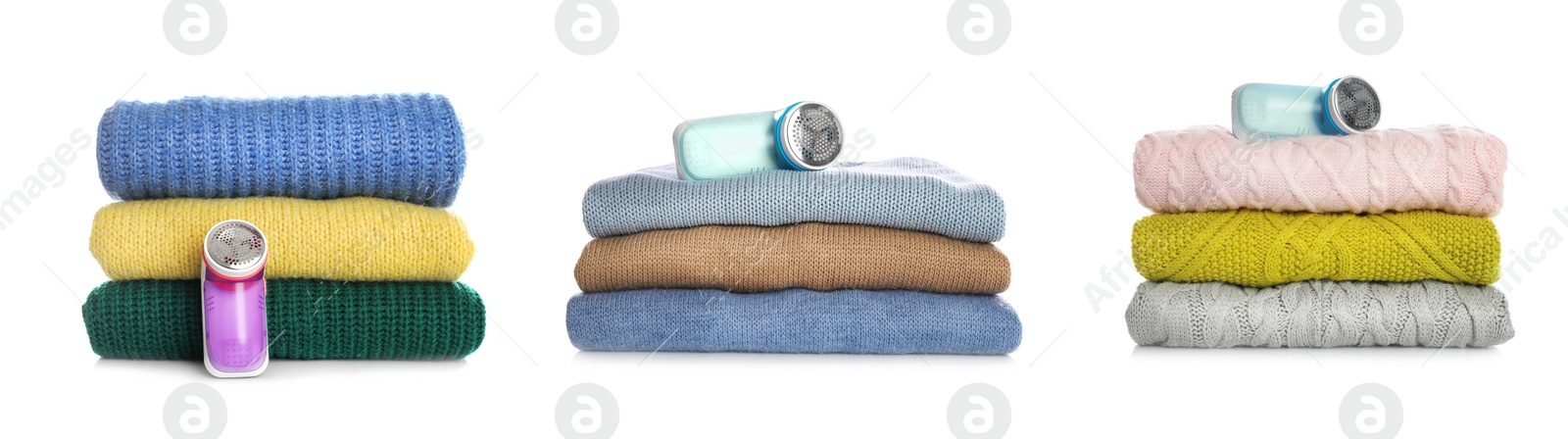 Image of Fabric shavers and woolen clothes on white background, collage. Banner design