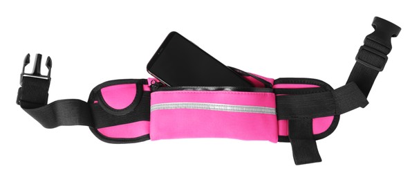 Photo of Stylish pink waist bag with smartphone on white background, top view