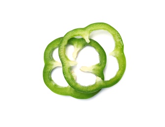 Rings of tasty green bell pepper on white background, top view