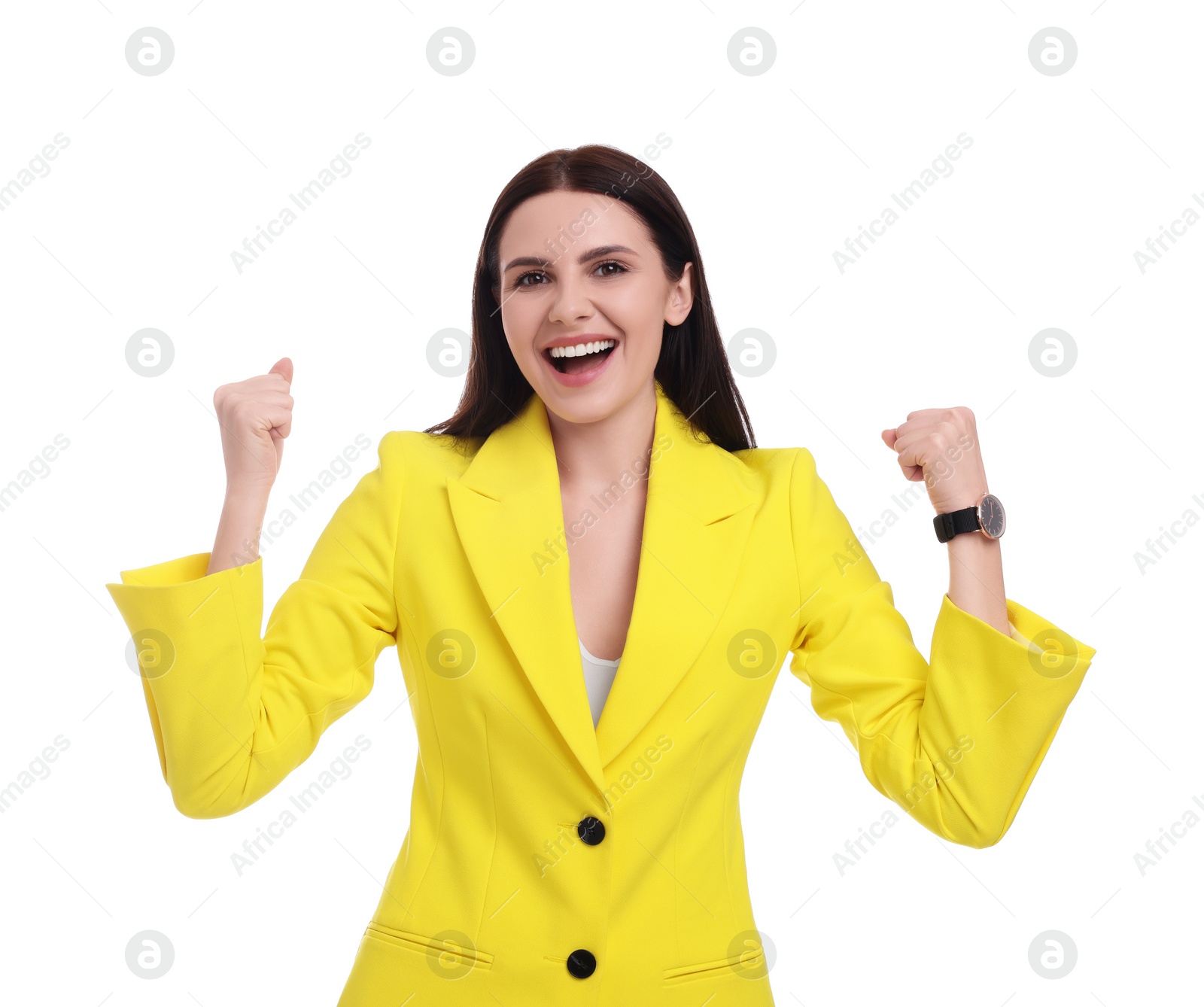 Photo of Beautiful happy businesswoman in yellow suit on white background