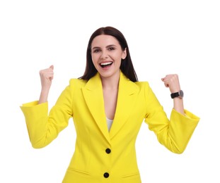 Photo of Beautiful happy businesswoman in yellow suit on white background